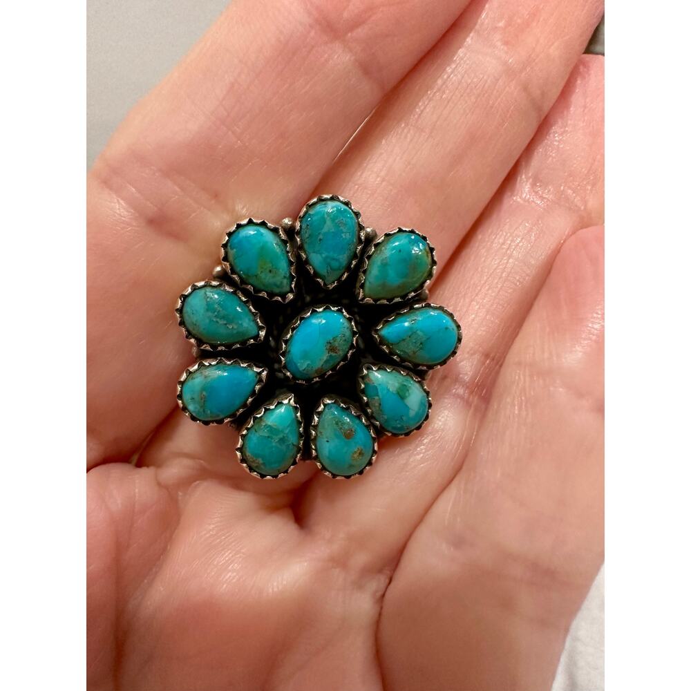 Kingman Turquoise Cluster Ring Sterling Silver 925 Oval Teardrop Sawtooth Size 7 - Picture 8 of 10